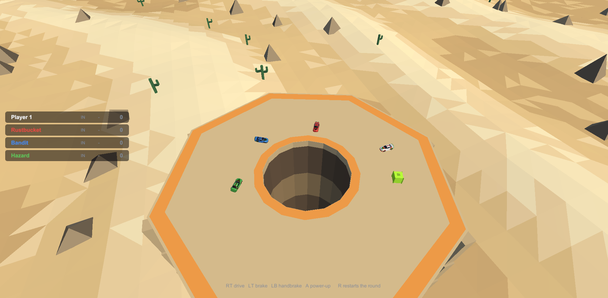 CrashFest Sumo mode — low-poly cars circling the pit in the Dust Bowl arena
